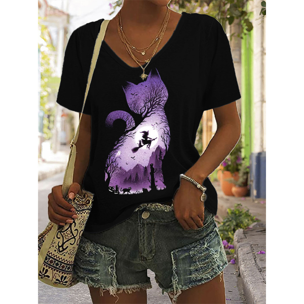 Halloween Witch Cat Inspired V Neck T Shirt