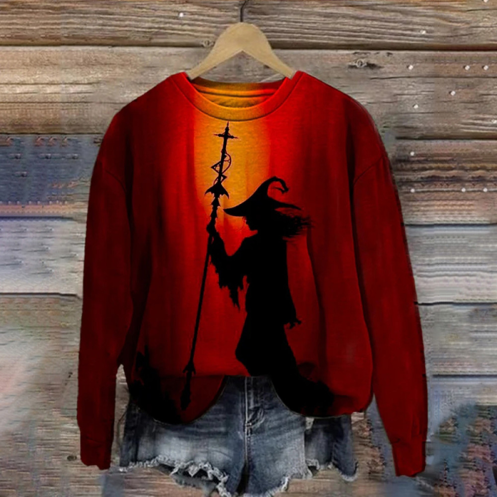 Halloween Witch Print Color Block Long Sleeve Sweatshirt