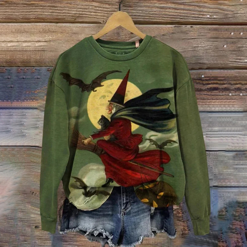 Halloween Witch Print Long Sleeve Round Neck Sweatshirt