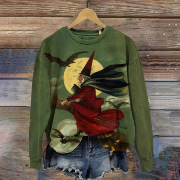 Halloween Witch Print Long Sleeve Round Neck Sweatshirt