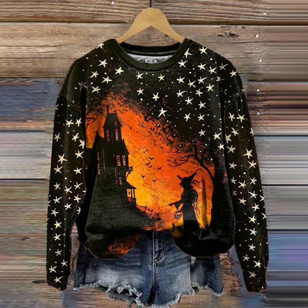 Halloween Witch Print Long Sleeved Sweatshirt