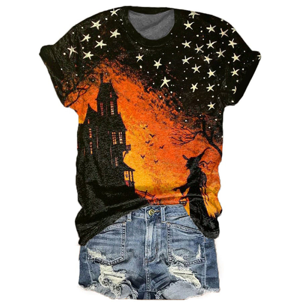 Halloween Witch Print V-Neck Short Sleeved T-Shirt