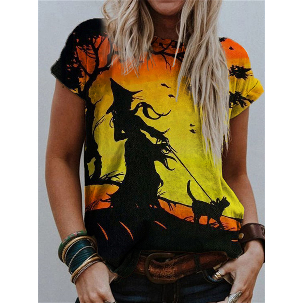 Halloween Witch & Cat In Sunset T Shirt