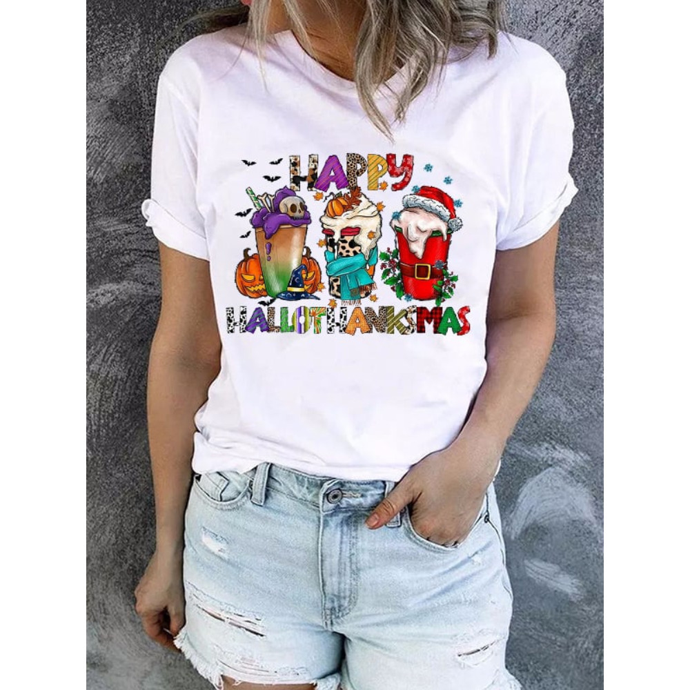 Happy Hallothanksmas Coffee Casual Print T Shirt