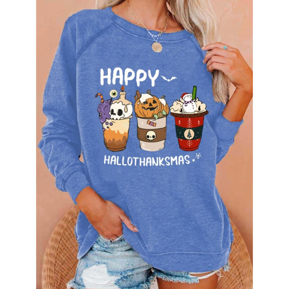Happy Hallothanksmas Coffee Print Casual Sweatshirt