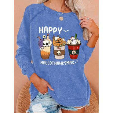 Happy Hallothanksmas Coffee Print Casual Sweatshirt
