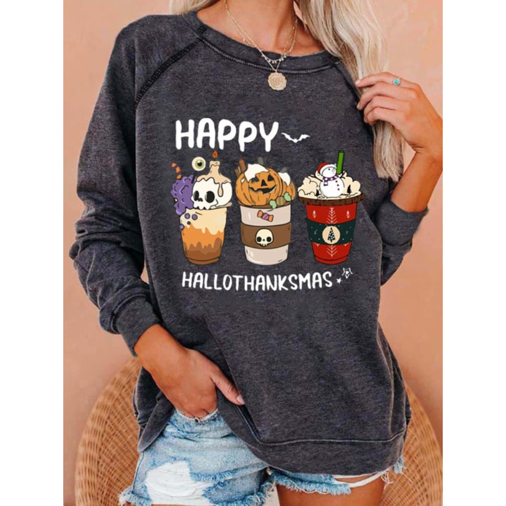 Happy Hallothanksmas Coffee Print Casual Sweatshirt
