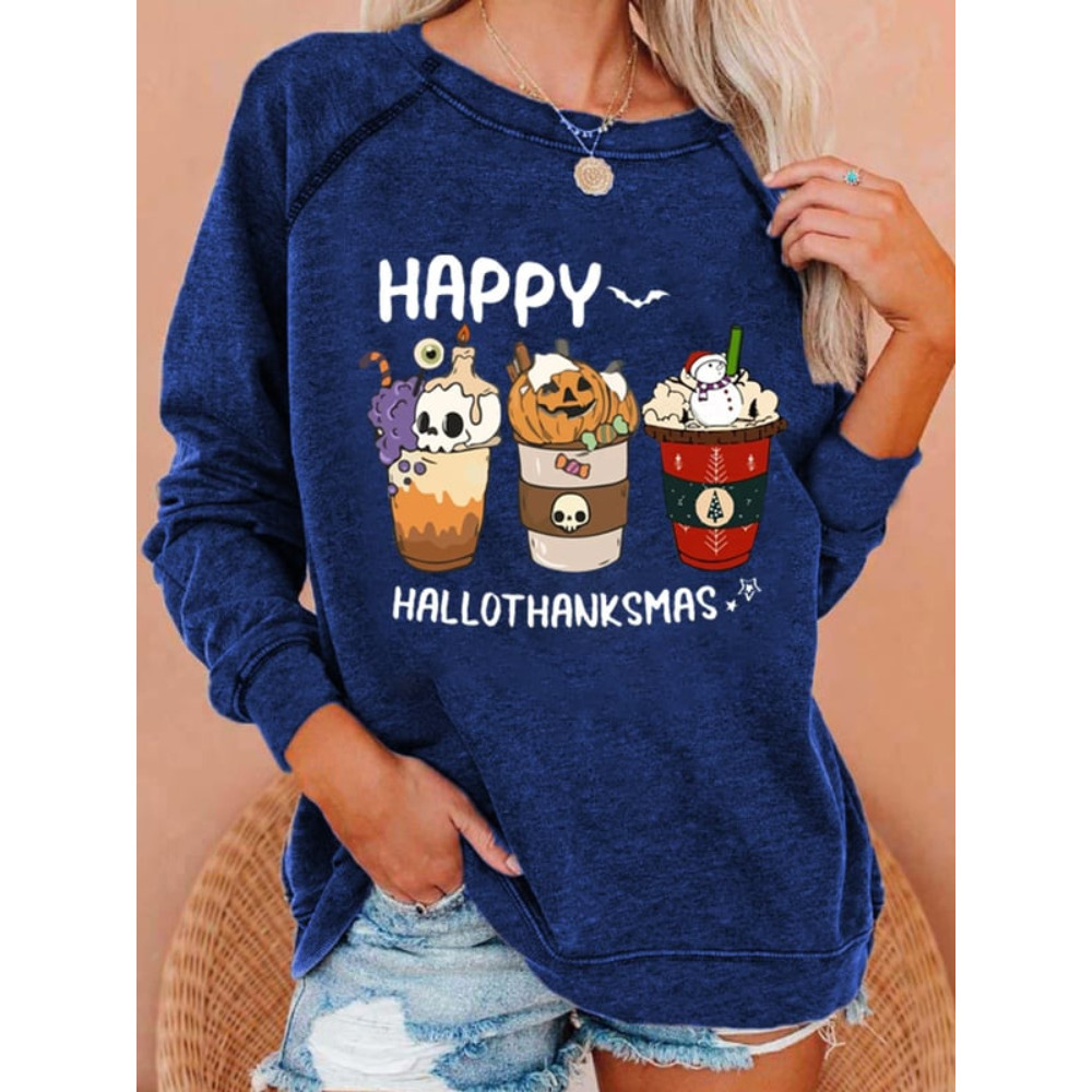 Happy Hallothanksmas Coffee Print Casual Sweatshirt
