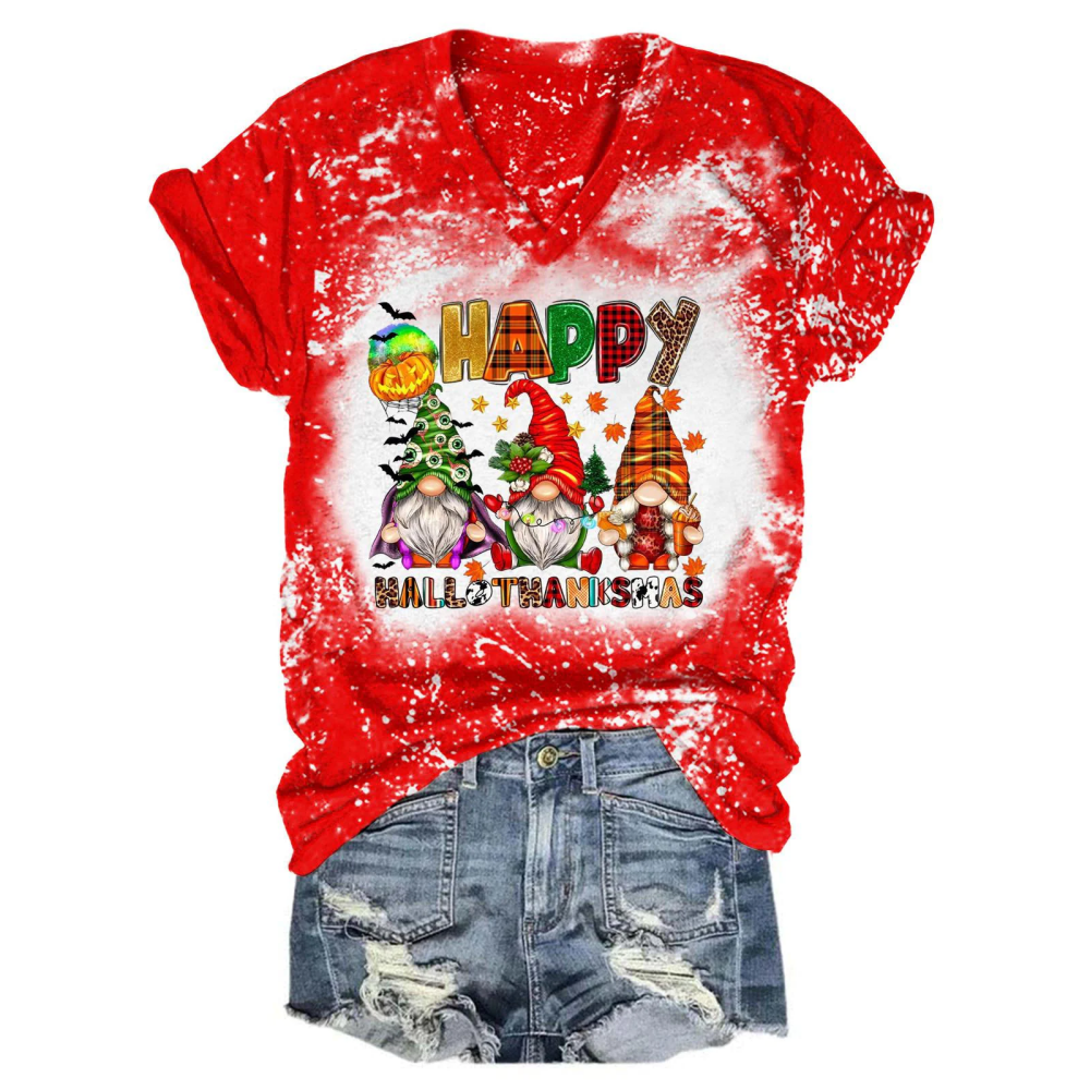 Happy Hallothanksmas Gnomes Tie Dye V Neck T-Shirt