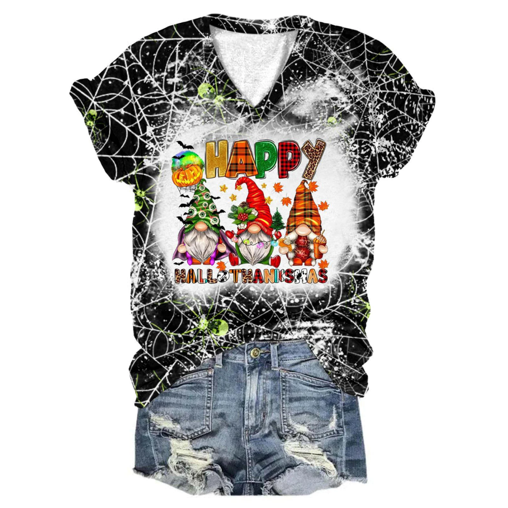 Happy Hallothanksmas Gnomes Tie Dye V Neck T-Shirt