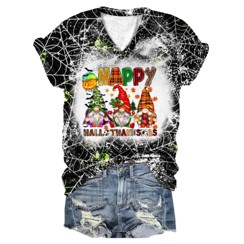 Happy Hallothanksmas Gnomes Tie Dye V Neck T-Shirt