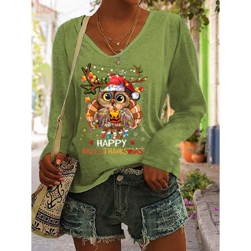Happy Hallothanksmas Owl Print V Neck T Shirt
