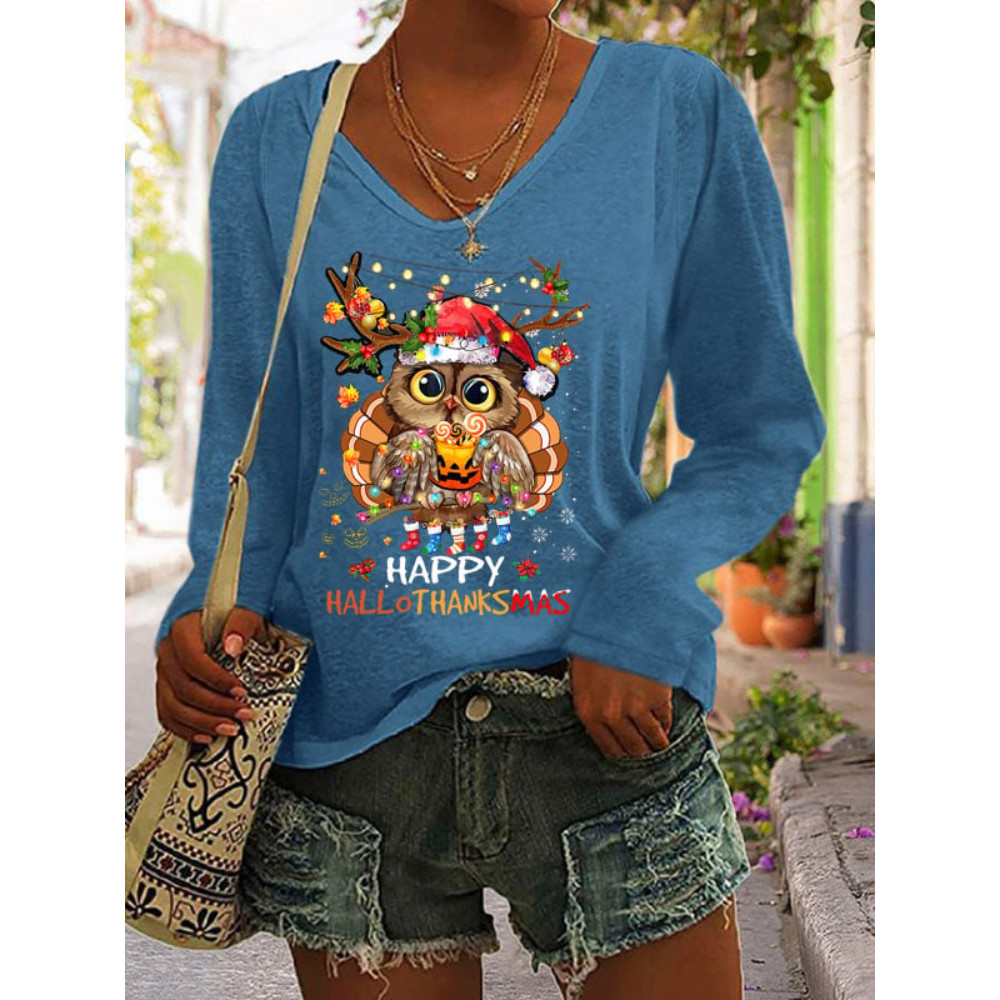 Happy Hallothanksmas Owl Print V Neck T Shirt