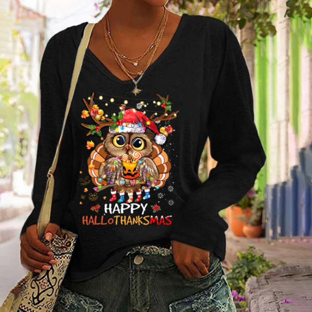 Happy Hallothanksmas Owl Print V Neck T Shirt