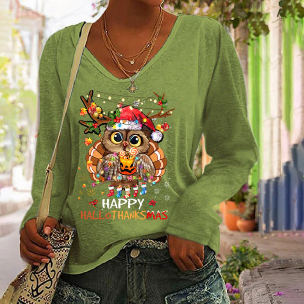 Happy Hallothanksmas Owl Print V Neck T Shirt