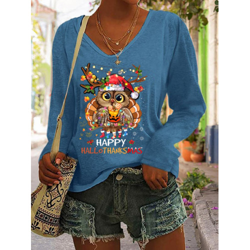 Happy Hallothanksmas Owl Print V Neck T Shirt