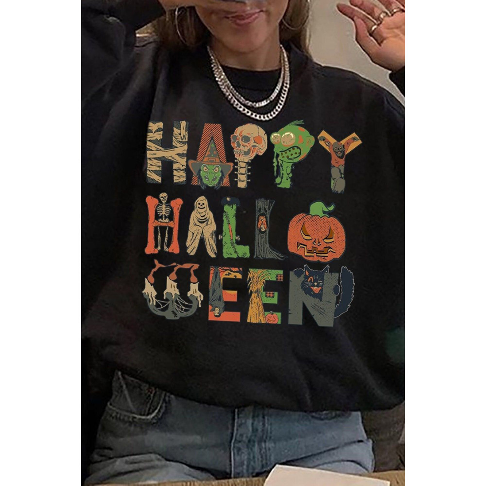 Happy Halloween Print Crew Neck Casual Sweatshirt