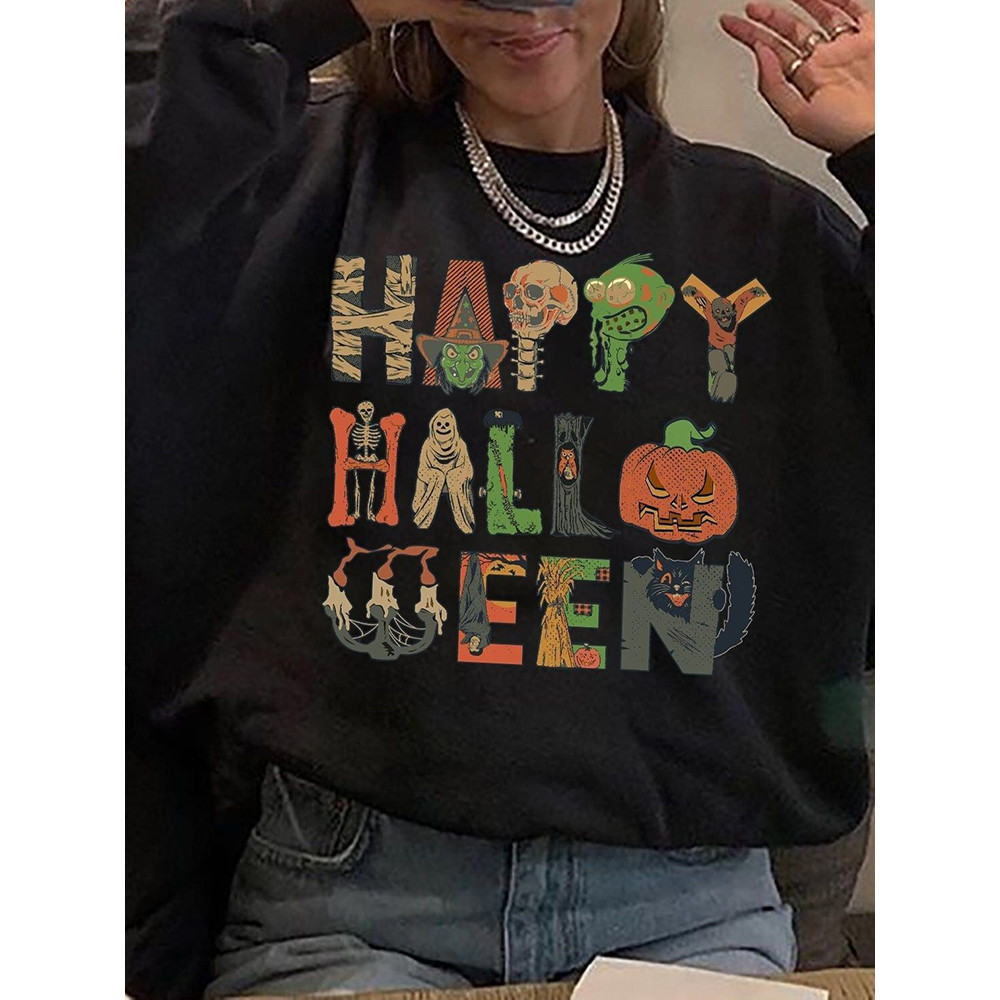 Happy Halloween Print Crew Neck Casual Sweatshirt