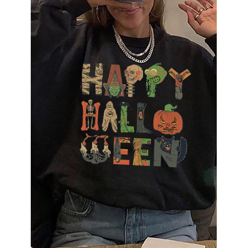 Happy Halloween Print Crew Neck Casual Sweatshirt