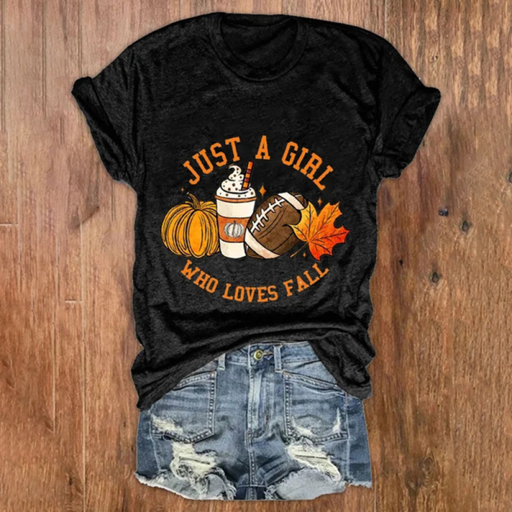 Just A Girl Who Loves Fall Pumpkin Maple Leaf Autumn Print T-Shirt
