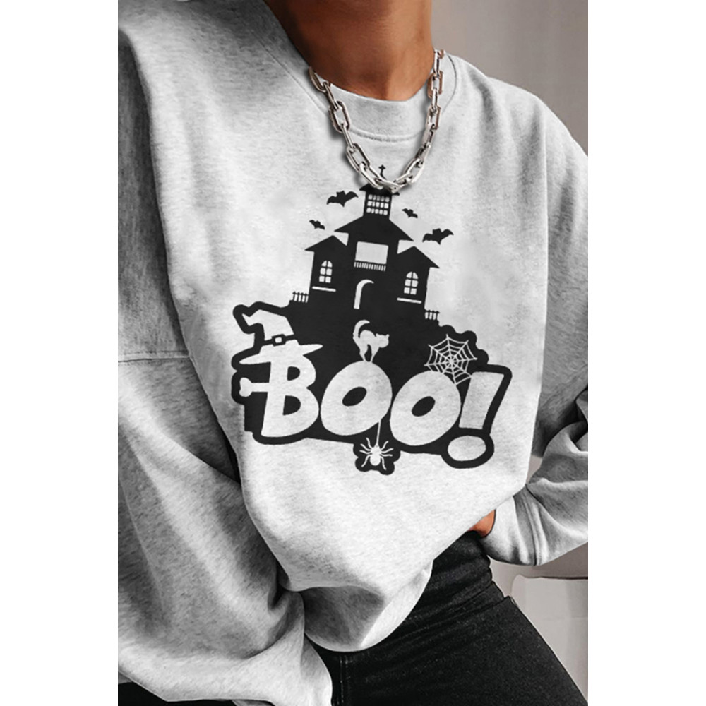 Long Sleeve Boo Cat Print Sweatshirt