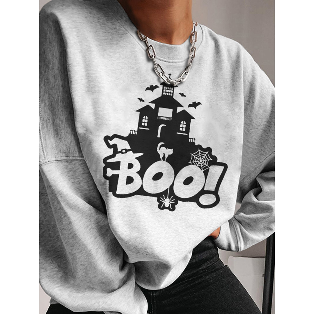 Long Sleeve Boo Cat Print Sweatshirt