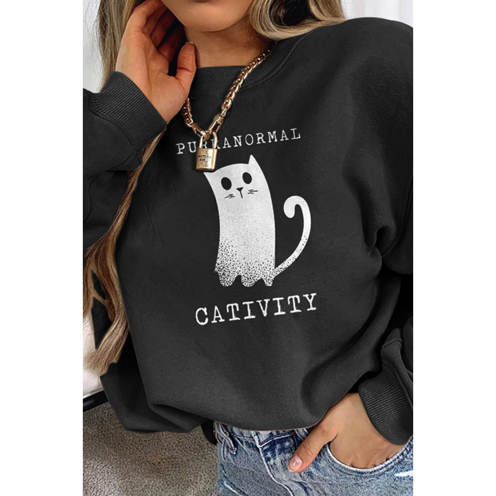 Long Sleeve Ghost Cat Print Sweatshirt
