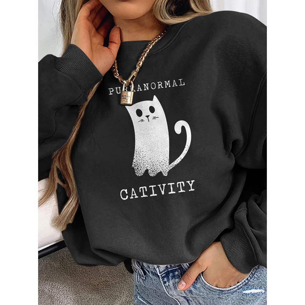Long Sleeve Ghost Cat Print Sweatshirt