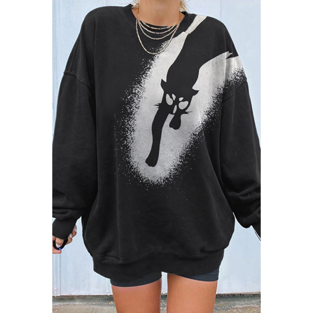 Long Sleeve Halloween Cat Print Sweatshirt