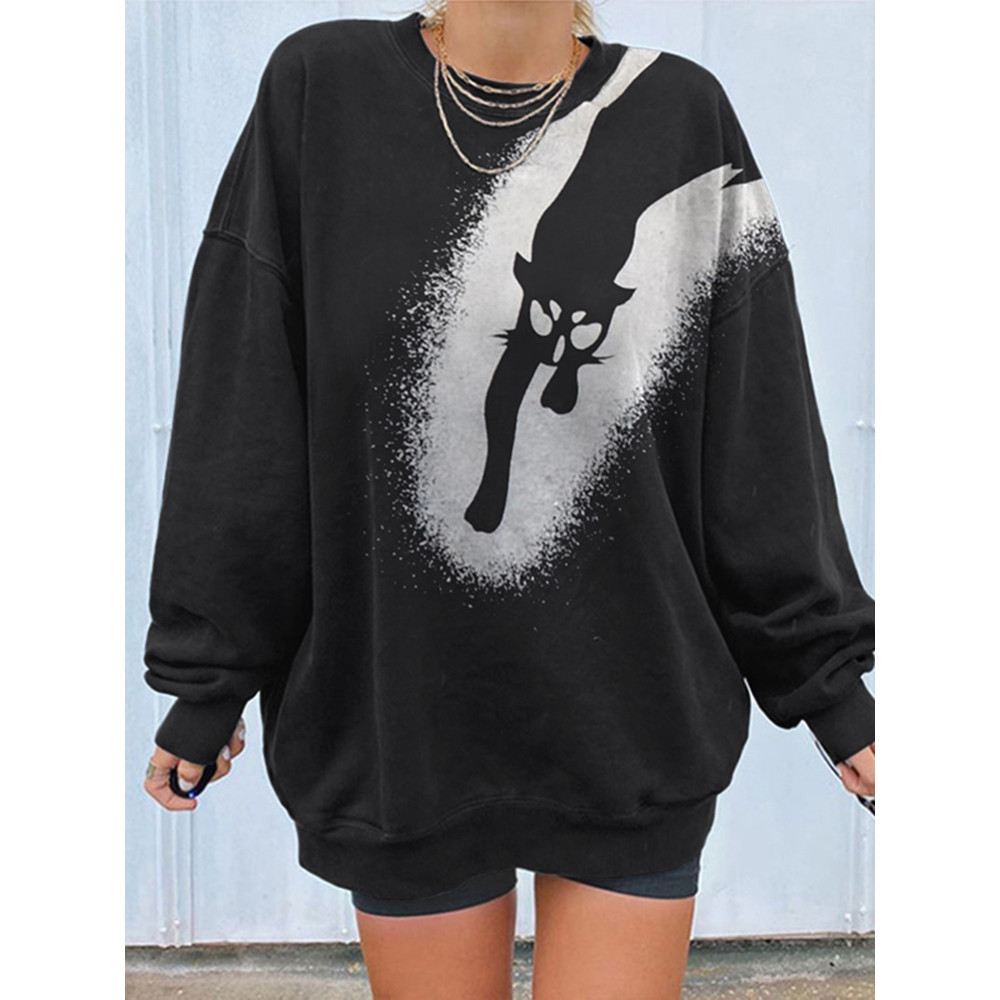Long Sleeve Halloween Cat Print Sweatshirt