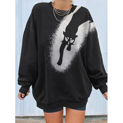 Long Sleeve Halloween Cat Print Sweatshirt
