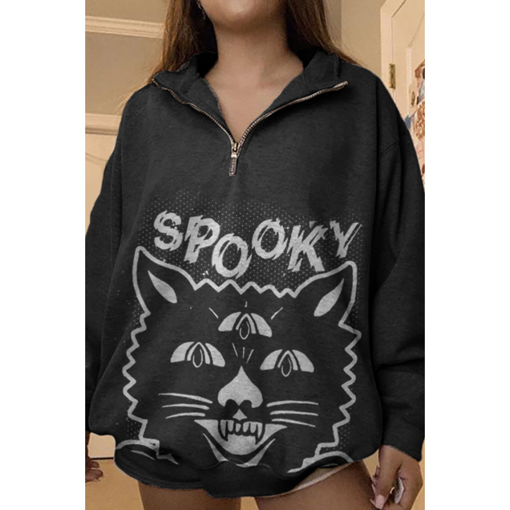 Long Sleeve Spooky Cat Print Sweatshirt