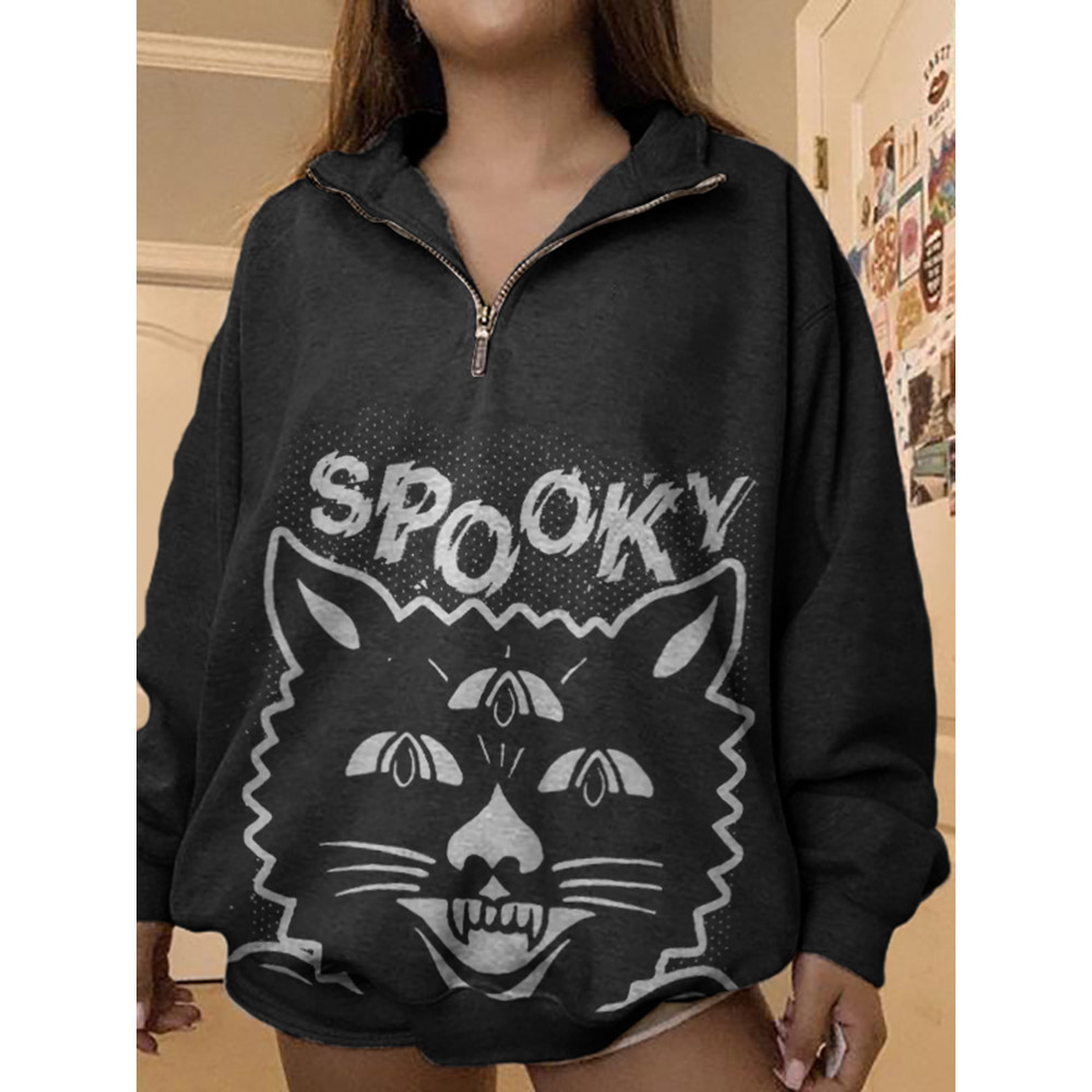 Long Sleeve Spooky Cat Print Sweatshirt