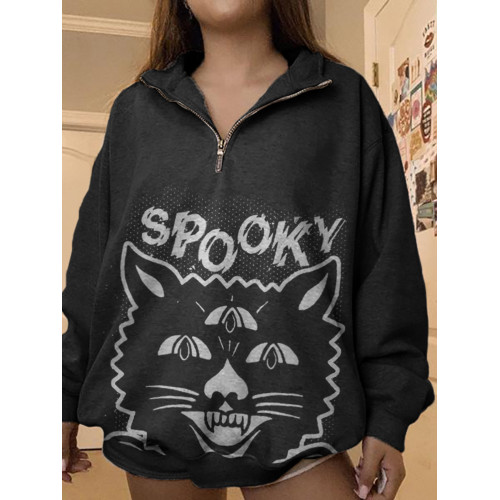 Long Sleeve Spooky Cat Print Sweatshirt