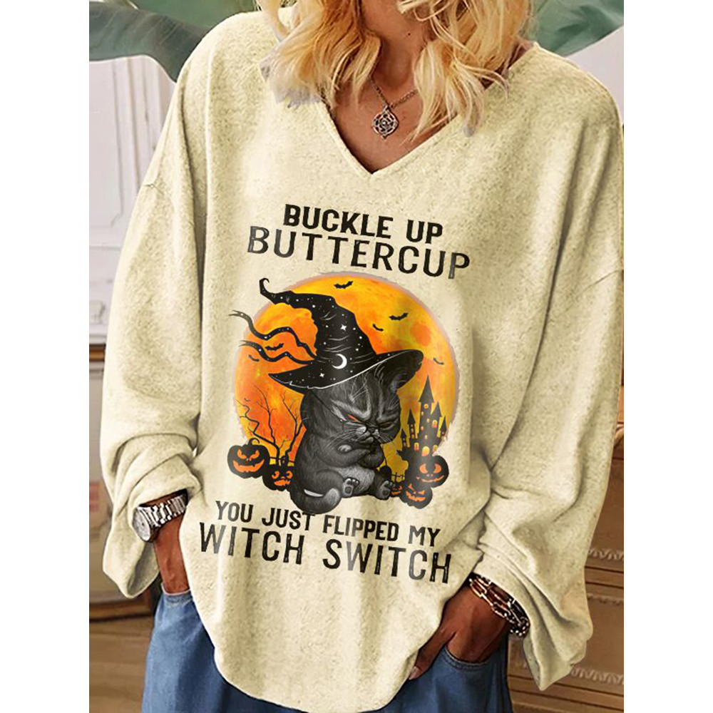 Loose Cat Print Long Sleeve T-Shirt