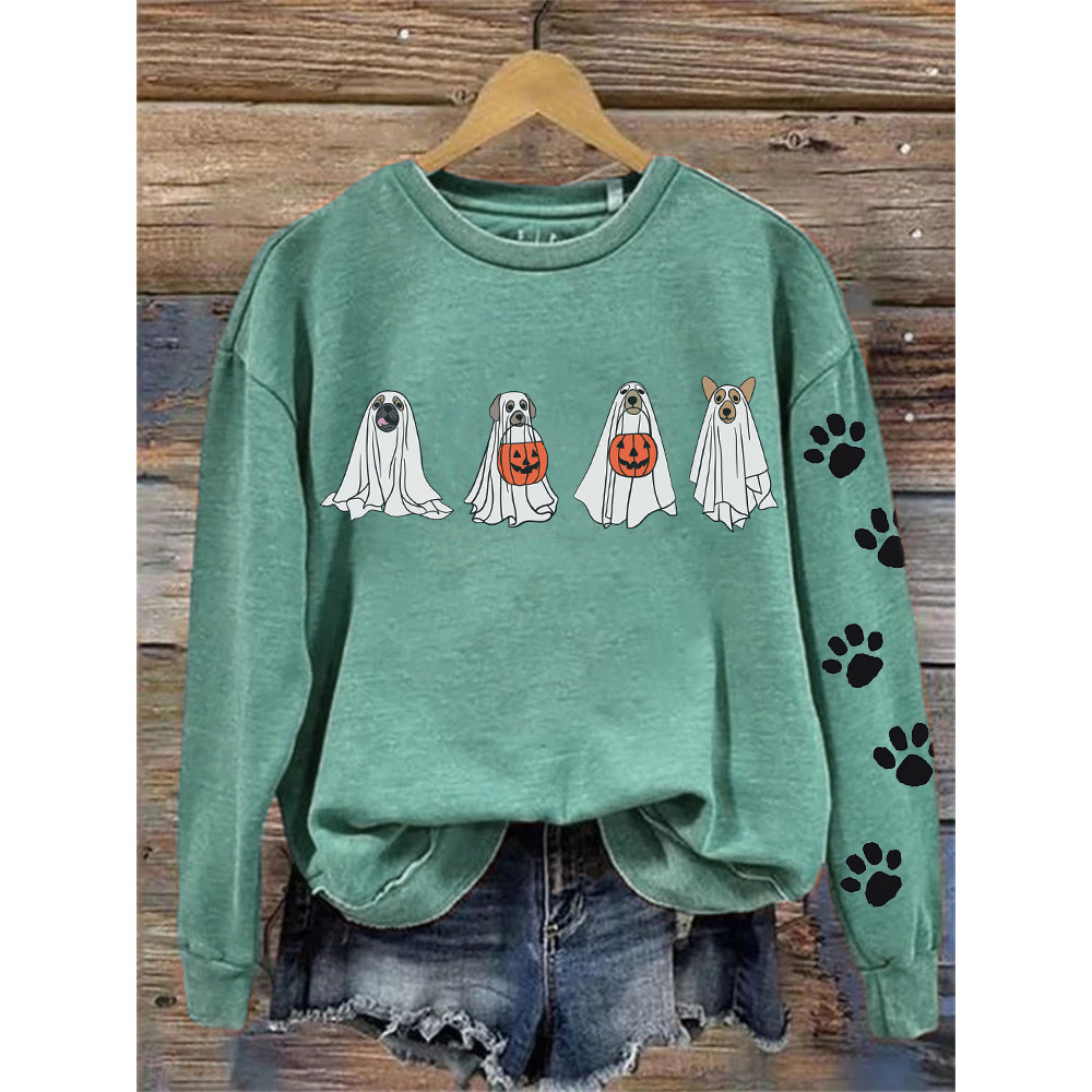 Lovely Halloween Ghost Dogs Paw Prints Washed Sweatshirt
