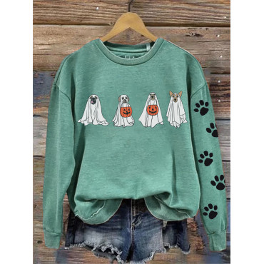 Lovely Halloween Ghost Dogs Paw Prints Washed Sweatshirt