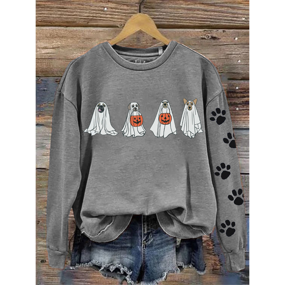 Lovely Halloween Ghost Dogs Paw Prints Washed Sweatshirt