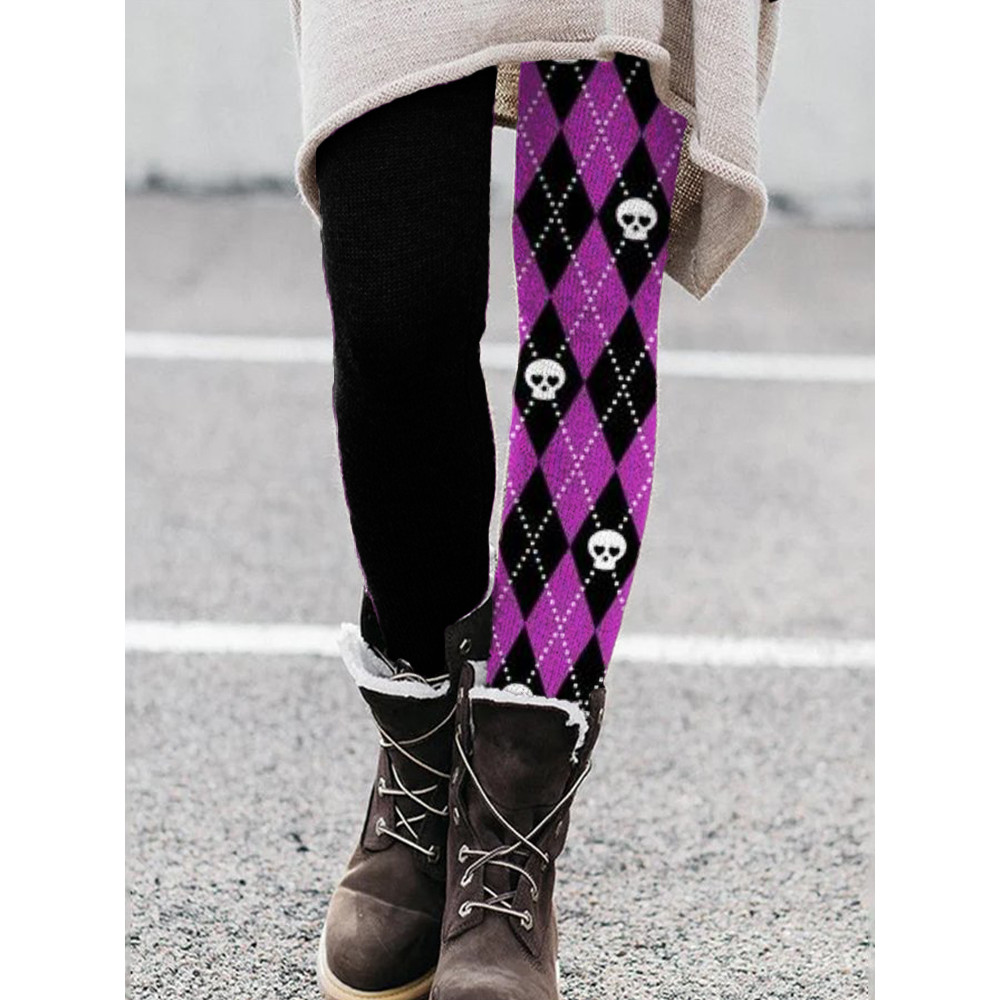 Lovely Skull Diamond Pattern Contrast Leggings