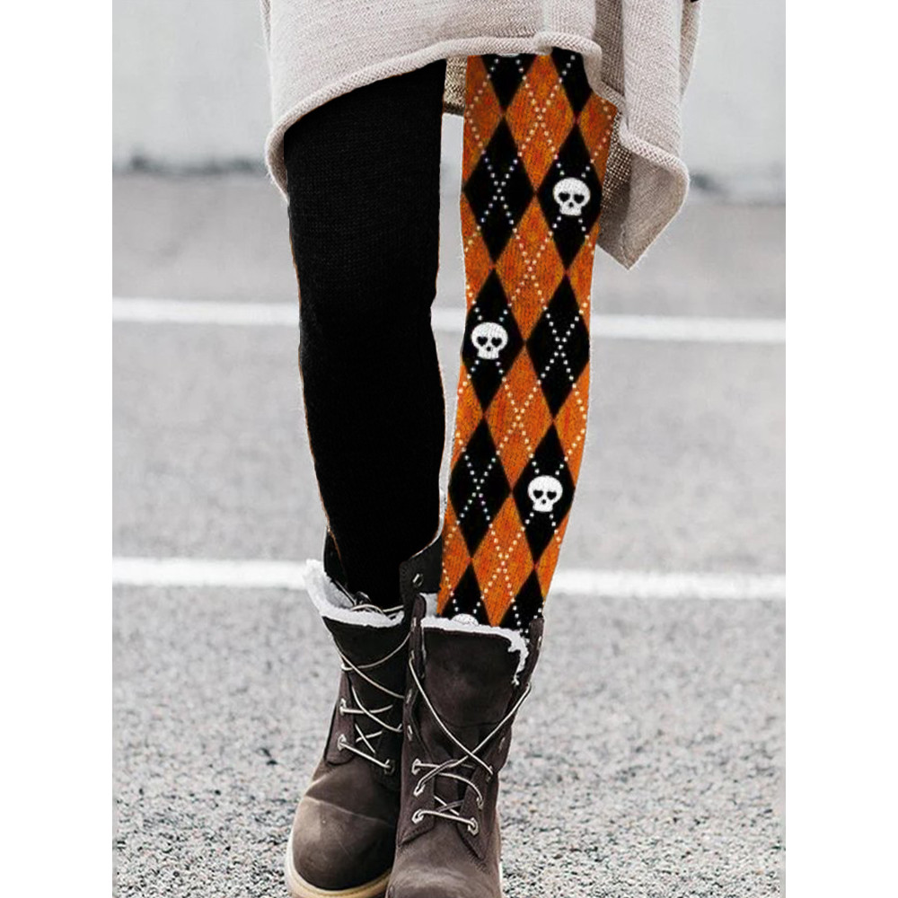 Lovely Skull Diamond Pattern Contrast Leggings