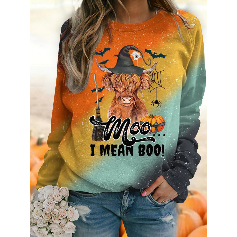 Moo... I Mean Boo Cow Print Crew Neck Top