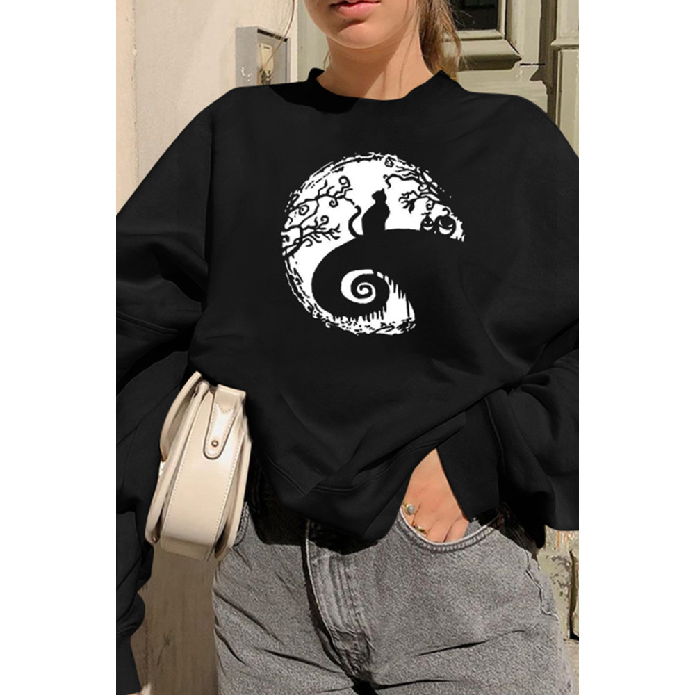 Moon Cat Print Long Sleeve Sweatshirt