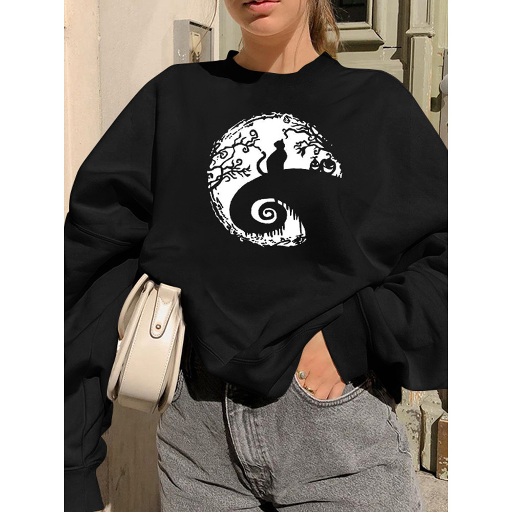 Moon Cat Print Long Sleeve Sweatshirt