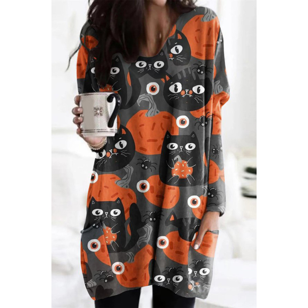 Pumpkin Cat Print Crew Neck Long Sleeve Casual Tunic