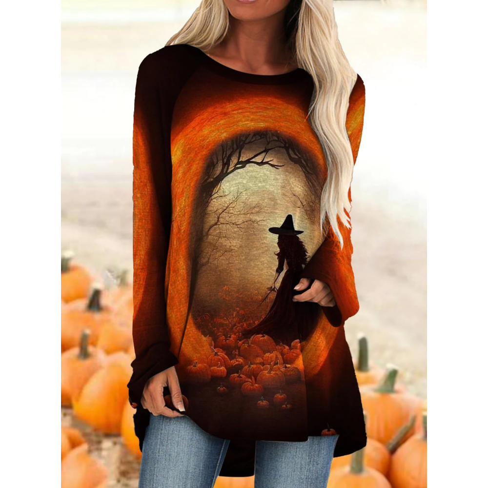 Pumpkin Field Witch Long Sleeve Printed Top