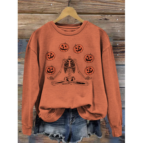 Pumpkin Skeleton Halloween Art Washed Sweatshirt