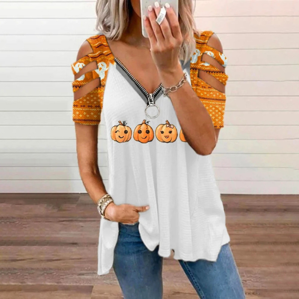 Pumpkin Smiley Print Casual Cutout T-Shirt