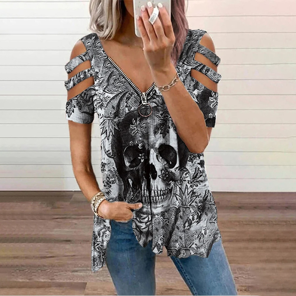 Punk Skull Print Zipper T-Shirt