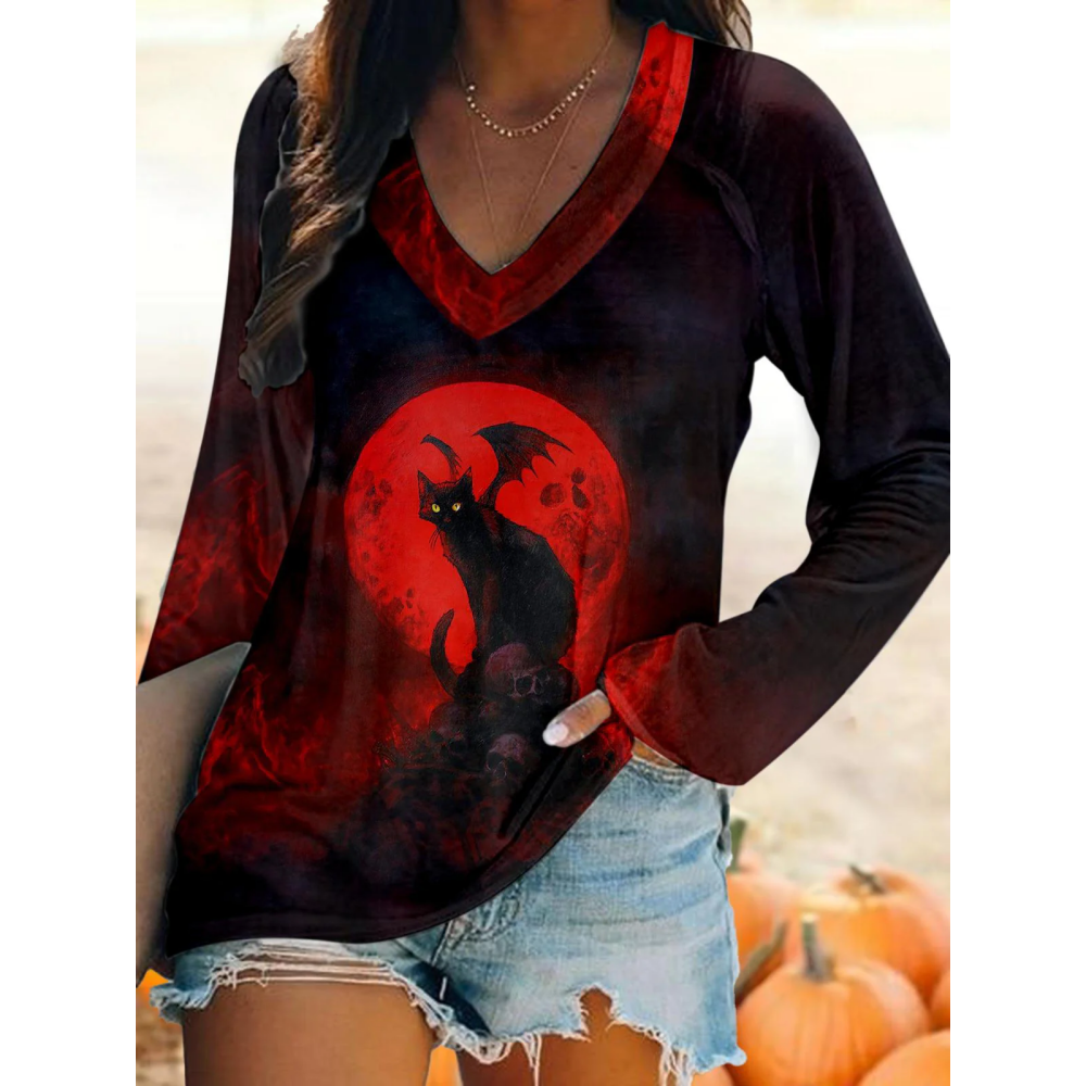 Red Moon Demon Cat Print V-Neck Long Sleeve Top