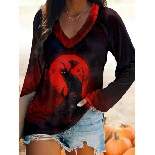 Red Moon Demon Cat Print V-Neck Long Sleeve Top